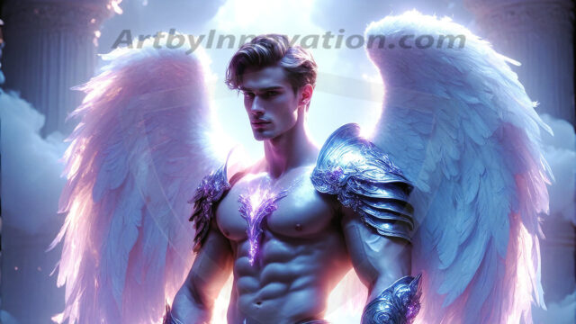 Male Angels of the Holy Divine - The Mighty & The Powerful: AI Fantasy Photos of Handsome Male Angels in Elegant Divine Armor, living in the golden city, with Vibrant Holy Wings. AI generated fantasy photos, of handsome male warrior angels, in divine armor with vibrant holy wings. Wearing ethereal or plate holy armor, and glistening golden gilded jewelry, emphasizing his god-like stature, vibrantly colored. Possessing grand feathered wings, that look like swords, these angel warriors are ready to battle on God's command. With men of all ages, races, and body types. In a city of gold, spiritual wonder city in the heavens, with ornate gold buildings, majestic gold architecture, ethereal cityscapes, and mystical waterfalls.