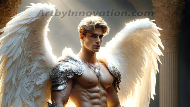 Male Angels of the Holy Divine - The Mighty & The Powerful: AI Fantasy Photos of Handsome Male Angels in Elegant Divine Armor, living in the golden city, with Vibrant Holy Wings. AI generated fantasy photos, of handsome male warrior angels, in divine armor with vibrant holy wings. Wearing ethereal or plate holy armor, and glistening golden gilded jewelry, emphasizing his god-like stature, vibrantly colored. Possessing grand feathered wings, that look like swords, these angel warriors are ready to battle on God's command. With men of all ages, races, and body types. In a city of gold, spiritual wonder city in the heavens, with ornate gold buildings, majestic gold architecture, ethereal cityscapes, and mystical waterfalls.