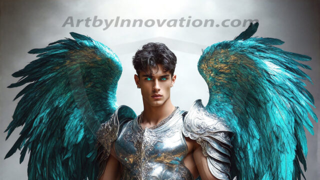 Male Angels of the Holy Divine - The Mighty & The Powerful: AI Fantasy Photos of Handsome Male Angels in Elegant Divine Armor, living in the golden city, with Vibrant Holy Wings. AI generated fantasy photos, of handsome male warrior angels, in divine armor with vibrant holy wings. Wearing ethereal or plate holy armor, and glistening golden gilded jewelry, emphasizing his god-like stature, vibrantly colored. Possessing grand feathered wings, that look like swords, these angel warriors are ready to battle on God's command. With men of all ages, races, and body types. In a city of gold, spiritual wonder city in the heavens, with ornate gold buildings, majestic gold architecture, ethereal cityscapes, and mystical waterfalls.