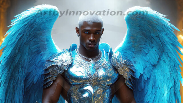 Male Angels of the Holy Divine - The Mighty & The Powerful: AI Fantasy Photos of Handsome Male Angels in Elegant Divine Armor, living in the golden city, with Vibrant Holy Wings. AI generated fantasy photos, of handsome male warrior angels, in divine armor with vibrant holy wings. Wearing ethereal or plate holy armor, and glistening golden gilded jewelry, emphasizing his god-like stature, vibrantly colored. Possessing grand feathered wings, that look like swords, these angel warriors are ready to battle on God's command. With men of all ages, races, and body types. In a city of gold, spiritual wonder city in the heavens, with ornate gold buildings, majestic gold architecture, ethereal cityscapes, and mystical waterfalls.