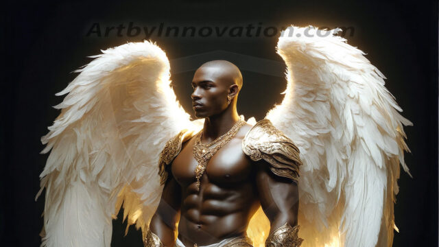 Male Angels of the Holy Divine - The Mighty & The Powerful: AI Fantasy Photos of Handsome Male Angels in Elegant Divine Armor, living in the golden city, with Vibrant Holy Wings. AI generated fantasy photos, of handsome male warrior angels, in divine armor with vibrant holy wings. Wearing ethereal or plate holy armor, and glistening golden gilded jewelry, emphasizing his god-like stature, vibrantly colored. Possessing grand feathered wings, that look like swords, these angel warriors are ready to battle on God's command. With men of all ages, races, and body types. In a city of gold, spiritual wonder city in the heavens, with ornate gold buildings, majestic gold architecture, ethereal cityscapes, and mystical waterfalls.