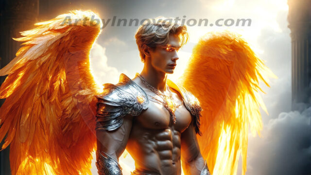 Male Angels of the Holy Divine - The Mighty & The Powerful: AI Fantasy Photos of Handsome Male Angels in Elegant Divine Armor, living in the golden city, with Vibrant Holy Wings. AI generated fantasy photos, of handsome male warrior angels, in divine armor with vibrant holy wings. Wearing ethereal or plate holy armor, and glistening golden gilded jewelry, emphasizing his god-like stature, vibrantly colored. Possessing grand feathered wings, that look like swords, these angel warriors are ready to battle on God's command. With men of all ages, races, and body types. In a city of gold, spiritual wonder city in the heavens, with ornate gold buildings, majestic gold architecture, ethereal cityscapes, and mystical waterfalls.