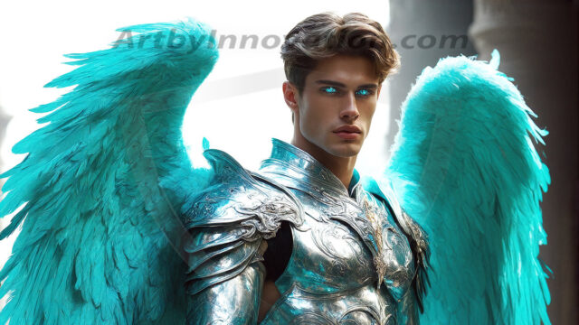 Male Angels of the Holy Divine - The Mighty & The Powerful: AI Fantasy Photos of Handsome Male Angels in Elegant Divine Armor, living in the golden city, with Vibrant Holy Wings. AI generated fantasy photos, of handsome male warrior angels, in divine armor with vibrant holy wings. Wearing ethereal or plate holy armor, and glistening golden gilded jewelry, emphasizing his god-like stature, vibrantly colored. Possessing grand feathered wings, that look like swords, these angel warriors are ready to battle on God's command. With men of all ages, races, and body types. In a city of gold, spiritual wonder city in the heavens, with ornate gold buildings, majestic gold architecture, ethereal cityscapes, and mystical waterfalls.