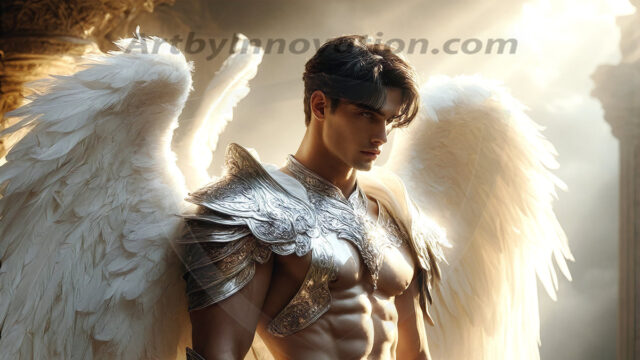 Male Angels of the Holy Divine - The Mighty & The Powerful: AI Fantasy Photos of Handsome Male Angels in Elegant Divine Armor, living in the golden city, with Vibrant Holy Wings. AI generated fantasy photos, of handsome male warrior angels, in divine armor with vibrant holy wings. Wearing ethereal or plate holy armor, and glistening golden gilded jewelry, emphasizing his god-like stature, vibrantly colored. Possessing grand feathered wings, that look like swords, these angel warriors are ready to battle on God's command. With men of all ages, races, and body types. In a city of gold, spiritual wonder city in the heavens, with ornate gold buildings, majestic gold architecture, ethereal cityscapes, and mystical waterfalls.