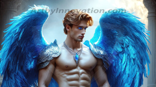 Male Angels of the Holy Divine - The Mighty & The Powerful: AI Fantasy Photos of Handsome Male Angels in Elegant Divine Armor, living in the golden city, with Vibrant Holy Wings. AI generated fantasy photos, of handsome male warrior angels, in divine armor with vibrant holy wings. Wearing ethereal or plate holy armor, and glistening golden gilded jewelry, emphasizing his god-like stature, vibrantly colored. Possessing grand feathered wings, that look like swords, these angel warriors are ready to battle on God's command. With men of all ages, races, and body types. In a city of gold, spiritual wonder city in the heavens, with ornate gold buildings, majestic gold architecture, ethereal cityscapes, and mystical waterfalls.