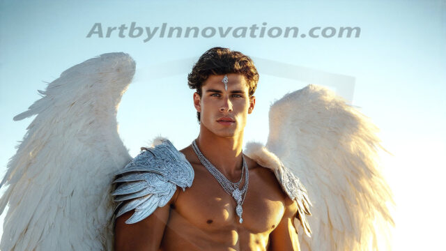 Male Angels of the Holy Divine - The Mighty & The Powerful: AI Fantasy Photos of Handsome Male Angels in Elegant Divine Armor, living in the golden city, with Vibrant Holy Wings. AI generated fantasy photos, of handsome male warrior angels, in divine armor with vibrant holy wings. Wearing ethereal or plate holy armor, and glistening golden gilded jewelry, emphasizing his god-like stature, vibrantly colored. Possessing grand feathered wings, that look like swords, these angel warriors are ready to battle on God's command. With men of all ages, races, and body types. In a city of gold, spiritual wonder city in the heavens, with ornate gold buildings, majestic gold architecture, ethereal cityscapes, and mystical waterfalls.