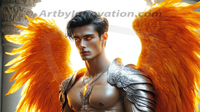 Male Angels of the Holy Divine - The Mighty & The Powerful: AI Fantasy Photos of Handsome Male Angels in Elegant Divine Armor, living in the golden city, with Vibrant Holy Wings. AI generated fantasy photos, of handsome male warrior angels, in divine armor with vibrant holy wings. Wearing ethereal or plate holy armor, and glistening golden gilded jewelry, emphasizing his god-like stature, vibrantly colored. Possessing grand feathered wings, that look like swords, these angel warriors are ready to battle on God's command. With men of all ages, races, and body types. In a city of gold, spiritual wonder city in the heavens, with ornate gold buildings, majestic gold architecture, ethereal cityscapes, and mystical waterfalls.