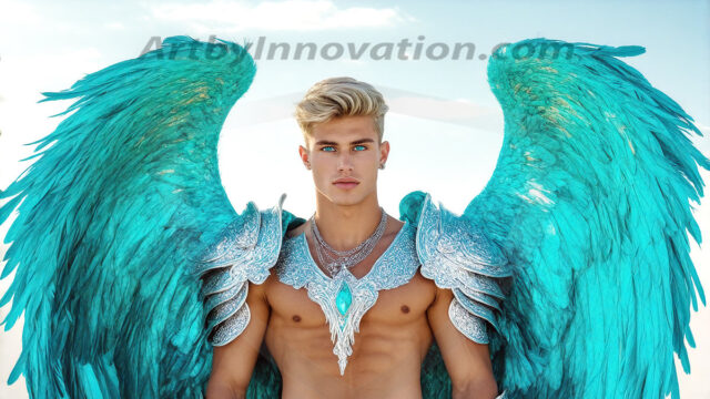 Male Angels of the Holy Divine - The Mighty & The Powerful: AI Fantasy Photos of Handsome Male Angels in Elegant Divine Armor, living in the golden city, with Vibrant Holy Wings. AI generated fantasy photos, of handsome male warrior angels, in divine armor with vibrant holy wings. Wearing ethereal or plate holy armor, and glistening golden gilded jewelry, emphasizing his god-like stature, vibrantly colored. Possessing grand feathered wings, that look like swords, these angel warriors are ready to battle on God's command. With men of all ages, races, and body types. In a city of gold, spiritual wonder city in the heavens, with ornate gold buildings, majestic gold architecture, ethereal cityscapes, and mystical waterfalls.