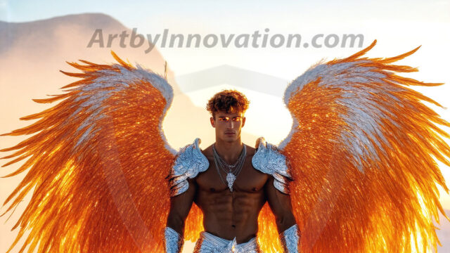 Male Angels of the Holy Divine - The Mighty & The Powerful: AI Fantasy Photos of Handsome Male Angels in Elegant Divine Armor, living in the golden city, with Vibrant Holy Wings. AI generated fantasy photos, of handsome male warrior angels, in divine armor with vibrant holy wings. Wearing ethereal or plate holy armor, and glistening golden gilded jewelry, emphasizing his god-like stature, vibrantly colored. Possessing grand feathered wings, that look like swords, these angel warriors are ready to battle on God's command. With men of all ages, races, and body types. In a city of gold, spiritual wonder city in the heavens, with ornate gold buildings, majestic gold architecture, ethereal cityscapes, and mystical waterfalls.