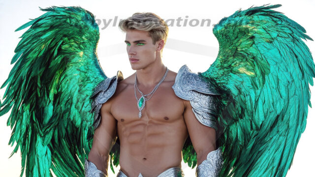 Male Angels of the Holy Divine - The Mighty & The Powerful: AI Fantasy Photos of Handsome Male Angels in Elegant Divine Armor, living in the golden city, with Vibrant Holy Wings. AI generated fantasy photos, of handsome male warrior angels, in divine armor with vibrant holy wings. Wearing ethereal or plate holy armor, and glistening golden gilded jewelry, emphasizing his god-like stature, vibrantly colored. Possessing grand feathered wings, that look like swords, these angel warriors are ready to battle on God's command. With men of all ages, races, and body types. In a city of gold, spiritual wonder city in the heavens, with ornate gold buildings, majestic gold architecture, ethereal cityscapes, and mystical waterfalls.