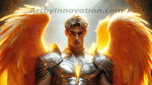 Male Angels of the Holy Divine - The Mighty & The Powerful: AI Fantasy Photos of Handsome Male Angels in Elegant Divine Armor, living in the golden city, with Vibrant Holy Wings. AI generated fantasy photos, of handsome male warrior angels, in divine armor with vibrant holy wings. Wearing ethereal or plate holy armor, and glistening golden gilded jewelry, emphasizing his god-like stature, vibrantly colored. Possessing grand feathered wings, that look like swords, these angel warriors are ready to battle on God's command. With men of all ages, races, and body types. In a city of gold, spiritual wonder city in the heavens, with ornate gold buildings, majestic gold architecture, ethereal cityscapes, and mystical waterfalls.