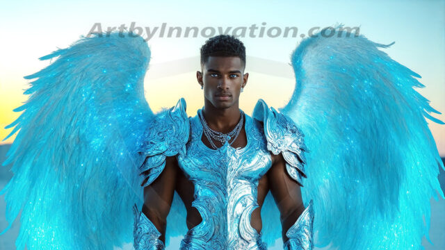 Male Angels of the Holy Divine - The Mighty & The Powerful: AI Fantasy Photos of Handsome Male Angels in Elegant Divine Armor, living in the golden city, with Vibrant Holy Wings. AI generated fantasy photos, of handsome male warrior angels, in divine armor with vibrant holy wings. Wearing ethereal or plate holy armor, and glistening golden gilded jewelry, emphasizing his god-like stature, vibrantly colored. Possessing grand feathered wings, that look like swords, these angel warriors are ready to battle on God's command. With men of all ages, races, and body types. In a city of gold, spiritual wonder city in the heavens, with ornate gold buildings, majestic gold architecture, ethereal cityscapes, and mystical waterfalls.