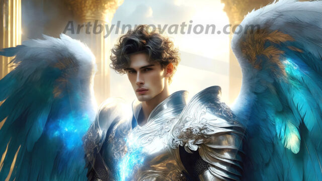 Male Angels of the Holy Divine - The Mighty & The Powerful: AI Fantasy Photos of Handsome Male Angels in Elegant Divine Armor, living in the golden city, with Vibrant Holy Wings. AI generated fantasy photos, of handsome male warrior angels, in divine armor with vibrant holy wings. Wearing ethereal or plate holy armor, and glistening golden gilded jewelry, emphasizing his god-like stature, vibrantly colored. Possessing grand feathered wings, that look like swords, these angel warriors are ready to battle on God's command. With men of all ages, races, and body types. In a city of gold, spiritual wonder city in the heavens, with ornate gold buildings, majestic gold architecture, ethereal cityscapes, and mystical waterfalls.