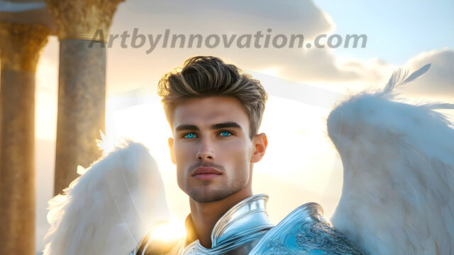 Male Angels of the Holy Divine - The Mighty & The Powerful: AI Fantasy Photos of Handsome Male Angels in Elegant Divine Armor, living in the golden city, with Vibrant Holy Wings. AI generated fantasy photos, of handsome male warrior angels, in divine armor with vibrant holy wings. Wearing ethereal or plate holy armor, and glistening golden gilded jewelry, emphasizing his god-like stature, vibrantly colored. Possessing grand feathered wings, that look like swords, these angel warriors are ready to battle on God's command. With men of all ages, races, and body types. In a city of gold, spiritual wonder city in the heavens, with ornate gold buildings, majestic gold architecture, ethereal cityscapes, and mystical waterfalls.