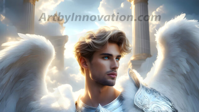 Male Angels of the Holy Divine - The Mighty & The Powerful: AI Fantasy Photos of Handsome Male Angels in Elegant Divine Armor, living in the golden city, with Vibrant Holy Wings. AI generated fantasy photos, of handsome male warrior angels, in divine armor with vibrant holy wings. Wearing ethereal or plate holy armor, and glistening golden gilded jewelry, emphasizing his god-like stature, vibrantly colored. Possessing grand feathered wings, that look like swords, these angel warriors are ready to battle on God's command. With men of all ages, races, and body types. In a city of gold, spiritual wonder city in the heavens, with ornate gold buildings, majestic gold architecture, ethereal cityscapes, and mystical waterfalls.