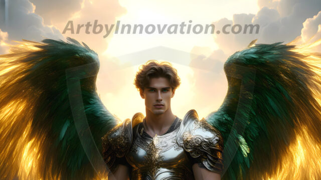 Male Angels of the Holy Divine - The Mighty & The Powerful: AI Fantasy Photos of Handsome Male Angels in Elegant Divine Armor, living in the golden city, with Vibrant Holy Wings. AI generated fantasy photos, of handsome male warrior angels, in divine armor with vibrant holy wings. Wearing ethereal or plate holy armor, and glistening golden gilded jewelry, emphasizing his god-like stature, vibrantly colored. Possessing grand feathered wings, that look like swords, these angel warriors are ready to battle on God's command. With men of all ages, races, and body types. In a city of gold, spiritual wonder city in the heavens, with ornate gold buildings, majestic gold architecture, ethereal cityscapes, and mystical waterfalls.
