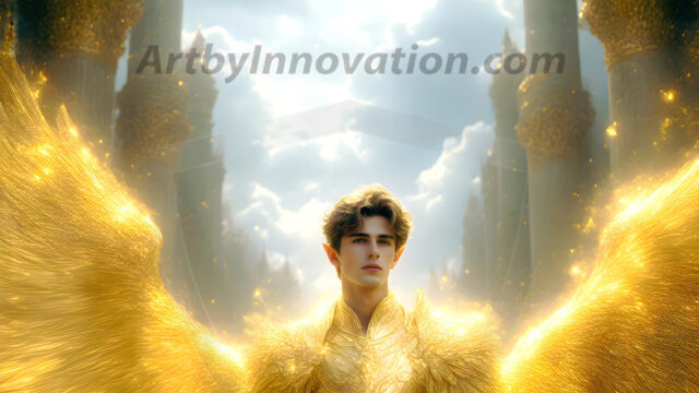 Male Angels of the Holy Divine - The Mighty & The Powerful: AI Fantasy Photos of Handsome Male Angels in Elegant Divine Armor, living in the golden city, with Vibrant Holy Wings. AI generated fantasy photos, of handsome male warrior angels, in divine armor with vibrant holy wings. Wearing ethereal or plate holy armor, and glistening golden gilded jewelry, emphasizing his god-like stature, vibrantly colored. Possessing grand feathered wings, that look like swords, these angel warriors are ready to battle on God's command. With men of all ages, races, and body types. In a city of gold, spiritual wonder city in the heavens, with ornate gold buildings, majestic gold architecture, ethereal cityscapes, and mystical waterfalls.