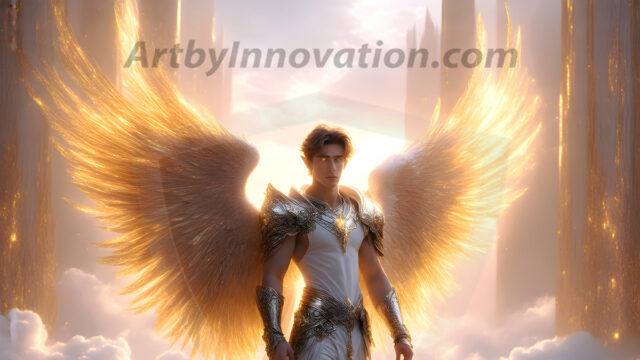 Male Angels of the Holy Divine - The Mighty & The Powerful: AI Fantasy Photos of Handsome Male Angels in Elegant Divine Armor, living in the golden city, with Vibrant Holy Wings. AI generated fantasy photos, of handsome male warrior angels, in divine armor with vibrant holy wings. Wearing ethereal or plate holy armor, and glistening golden gilded jewelry, emphasizing his god-like stature, vibrantly colored. Possessing grand feathered wings, that look like swords, these angel warriors are ready to battle on God's command. With men of all ages, races, and body types. In a city of gold, spiritual wonder city in the heavens, with ornate gold buildings, majestic gold architecture, ethereal cityscapes, and mystical waterfalls.