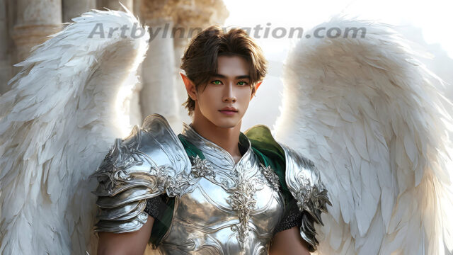 Male Angels of the Holy Divine - The Mighty & The Powerful: AI Fantasy Photos of Handsome Male Angels in Elegant Divine Armor, living in the golden city, with Vibrant Holy Wings. AI generated fantasy photos, of handsome male warrior angels, in divine armor with vibrant holy wings. Wearing ethereal or plate holy armor, and glistening golden gilded jewelry, emphasizing his god-like stature, vibrantly colored. Possessing grand feathered wings, that look like swords, these angel warriors are ready to battle on God's command. With men of all ages, races, and body types. In a city of gold, spiritual wonder city in the heavens, with ornate gold buildings, majestic gold architecture, ethereal cityscapes, and mystical waterfalls.
