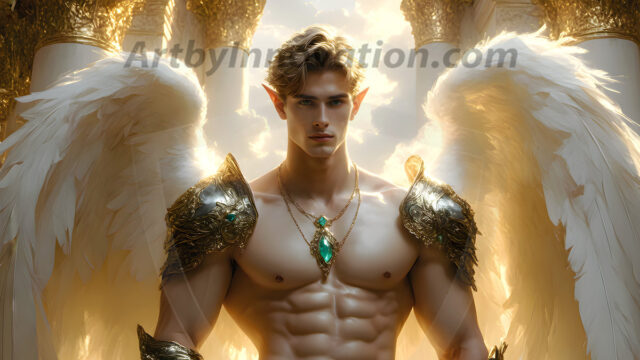 Male Angels of the Holy Divine - The Mighty & The Powerful: AI Fantasy Photos of Handsome Male Angels in Elegant Divine Armor, living in the golden city, with Vibrant Holy Wings. AI generated fantasy photos, of handsome male warrior angels, in divine armor with vibrant holy wings. Wearing ethereal or plate holy armor, and glistening golden gilded jewelry, emphasizing his god-like stature, vibrantly colored. Possessing grand feathered wings, that look like swords, these angel warriors are ready to battle on God's command. With men of all ages, races, and body types. In a city of gold, spiritual wonder city in the heavens, with ornate gold buildings, majestic gold architecture, ethereal cityscapes, and mystical waterfalls.