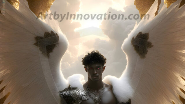 Male Angels of the Holy Divine - The Mighty & The Powerful: AI Fantasy Photos of Handsome Male Angels in Elegant Divine Armor, living in the golden city, with Vibrant Holy Wings. AI generated fantasy photos, of handsome male warrior angels, in divine armor with vibrant holy wings. Wearing ethereal or plate holy armor, and glistening golden gilded jewelry, emphasizing his god-like stature, vibrantly colored. Possessing grand feathered wings, that look like swords, these angel warriors are ready to battle on God's command. With men of all ages, races, and body types. In a city of gold, spiritual wonder city in the heavens, with ornate gold buildings, majestic gold architecture, ethereal cityscapes, and mystical waterfalls.