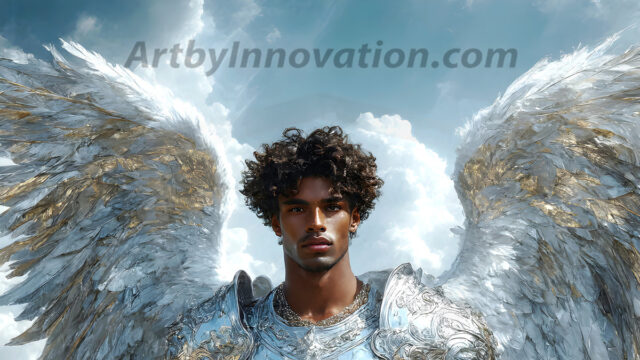Male Angels of the Holy Divine - The Mighty & The Powerful: AI Fantasy Photos of Handsome Male Angels in Elegant Divine Armor, living in the golden city, with Vibrant Holy Wings. AI generated fantasy photos, of handsome male warrior angels, in divine armor with vibrant holy wings. Wearing ethereal or plate holy armor, and glistening golden gilded jewelry, emphasizing his god-like stature, vibrantly colored. Possessing grand feathered wings, that look like swords, these angel warriors are ready to battle on God's command. With men of all ages, races, and body types. In a city of gold, spiritual wonder city in the heavens, with ornate gold buildings, majestic gold architecture, ethereal cityscapes, and mystical waterfalls.