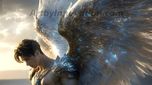 Male Angels of the Holy Divine - The Mighty & The Powerful: AI Fantasy Photos of Handsome Male Angels in Elegant Divine Armor, living in the golden city, with Vibrant Holy Wings. AI generated fantasy photos, of handsome male warrior angels, in divine armor with vibrant holy wings. Wearing ethereal or plate holy armor, and glistening golden gilded jewelry, emphasizing his god-like stature, vibrantly colored. Possessing grand feathered wings, that look like swords, these angel warriors are ready to battle on God's command. With men of all ages, races, and body types. In a city of gold, spiritual wonder city in the heavens, with ornate gold buildings, majestic gold architecture, ethereal cityscapes, and mystical waterfalls.