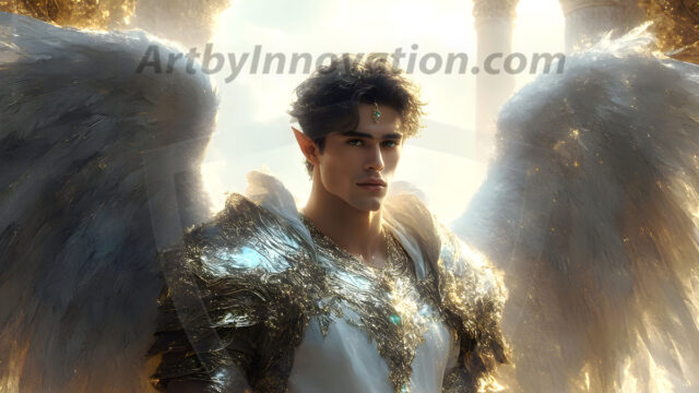 Male Angels of the Holy Divine - The Mighty & The Powerful: AI Fantasy Photos of Handsome Male Angels in Elegant Divine Armor, living in the golden city, with Vibrant Holy Wings. AI generated fantasy photos, of handsome male warrior angels, in divine armor with vibrant holy wings. Wearing ethereal or plate holy armor, and glistening golden gilded jewelry, emphasizing his god-like stature, vibrantly colored. Possessing grand feathered wings, that look like swords, these angel warriors are ready to battle on God's command. With men of all ages, races, and body types. In a city of gold, spiritual wonder city in the heavens, with ornate gold buildings, majestic gold architecture, ethereal cityscapes, and mystical waterfalls.
