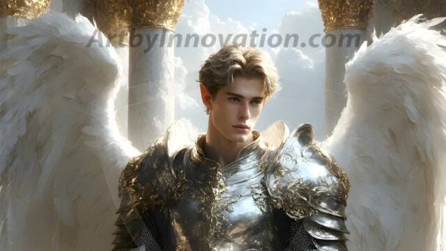 Male Angels of the Holy Divine - The Mighty & The Powerful: AI Fantasy Photos of Handsome Male Angels in Elegant Divine Armor, living in the golden city, with Vibrant Holy Wings. AI generated fantasy photos, of handsome male warrior angels, in divine armor with vibrant holy wings. Wearing ethereal or plate holy armor, and glistening golden gilded jewelry, emphasizing his god-like stature, vibrantly colored. Possessing grand feathered wings, that look like swords, these angel warriors are ready to battle on God's command. With men of all ages, races, and body types. In a city of gold, spiritual wonder city in the heavens, with ornate gold buildings, majestic gold architecture, ethereal cityscapes, and mystical waterfalls.