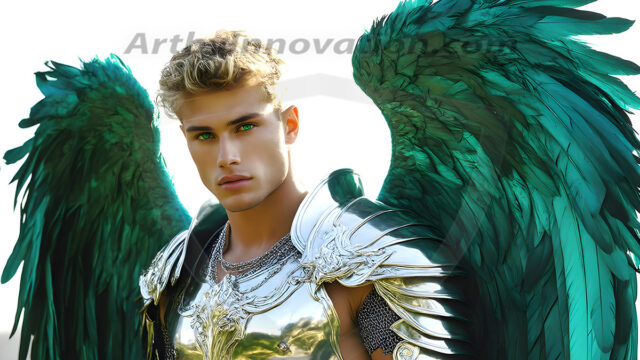 Male Angels of the Holy Divine - The Mighty & The Powerful: AI Fantasy Photos of Handsome Male Angels in Elegant Divine Armor, living in the golden city, with Vibrant Holy Wings. AI generated fantasy photos, of handsome male warrior angels, in divine armor with vibrant holy wings. Wearing ethereal or plate holy armor, and glistening golden gilded jewelry, emphasizing his god-like stature, vibrantly colored. Possessing grand feathered wings, that look like swords, these angel warriors are ready to battle on God's command. With men of all ages, races, and body types. In a city of gold, spiritual wonder city in the heavens, with ornate gold buildings, majestic gold architecture, ethereal cityscapes, and mystical waterfalls.