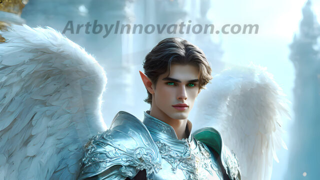 Male Angels of the Holy Divine - The Mighty & The Powerful: AI Fantasy Photos of Handsome Male Angels in Elegant Divine Armor, living in the golden city, with Vibrant Holy Wings. AI generated fantasy photos, of handsome male warrior angels, in divine armor with vibrant holy wings. Wearing ethereal or plate holy armor, and glistening golden gilded jewelry, emphasizing his god-like stature, vibrantly colored. Possessing grand feathered wings, that look like swords, these angel warriors are ready to battle on God's command. With men of all ages, races, and body types. In a city of gold, spiritual wonder city in the heavens, with ornate gold buildings, majestic gold architecture, ethereal cityscapes, and mystical waterfalls.