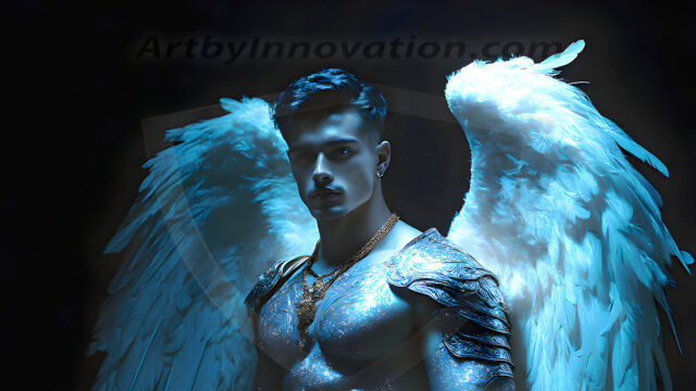 Male Angels of the Holy Divine - The Mighty & The Powerful: AI Fantasy Photos of Handsome Male Angels in Elegant Divine Armor, living in the golden city, with Vibrant Holy Wings. AI generated fantasy photos, of handsome male warrior angels, in divine armor with vibrant holy wings. Wearing ethereal or plate holy armor, and glistening golden gilded jewelry, emphasizing his god-like stature, vibrantly colored. Possessing grand feathered wings, that look like swords, these angel warriors are ready to battle on God's command. With men of all ages, races, and body types. In a city of gold, spiritual wonder city in the heavens, with ornate gold buildings, majestic gold architecture, ethereal cityscapes, and mystical waterfalls.