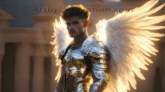 Male Angels of the Holy Divine - The Mighty & The Powerful: AI Fantasy Photos of Handsome Male Angels in Elegant Divine Armor, living in the golden city, with Vibrant Holy Wings. AI generated fantasy photos, of handsome male warrior angels, in divine armor with vibrant holy wings. Wearing ethereal or plate holy armor, and glistening golden gilded jewelry, emphasizing his god-like stature, vibrantly colored. Possessing grand feathered wings, that look like swords, these angel warriors are ready to battle on God's command. With men of all ages, races, and body types. In a city of gold, spiritual wonder city in the heavens, with ornate gold buildings, majestic gold architecture, ethereal cityscapes, and mystical waterfalls.
