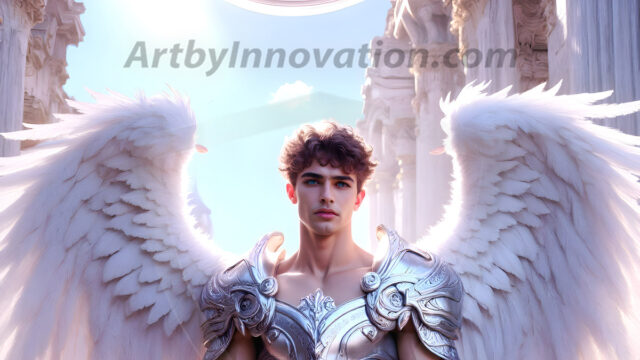 Male Angels of the Holy Divine - The Mighty & The Powerful: AI Fantasy Photos of Handsome Male Angels in Elegant Divine Armor, living in the golden city, with Vibrant Holy Wings. AI generated fantasy photos, of handsome male warrior angels, in divine armor with vibrant holy wings. Wearing ethereal or plate holy armor, and glistening golden gilded jewelry, emphasizing his god-like stature, vibrantly colored. Possessing grand feathered wings, that look like swords, these angel warriors are ready to battle on God's command. With men of all ages, races, and body types. In a city of gold, spiritual wonder city in the heavens, with ornate gold buildings, majestic gold architecture, ethereal cityscapes, and mystical waterfalls.