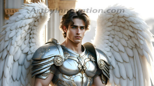 Male Angels of the Holy Divine - The Mighty & The Powerful: AI Fantasy Photos of Handsome Male Angels in Elegant Divine Armor, living in the golden city, with Vibrant Holy Wings. AI generated fantasy photos, of handsome male warrior angels, in divine armor with vibrant holy wings. Wearing ethereal or plate holy armor, and glistening golden gilded jewelry, emphasizing his god-like stature, vibrantly colored. Possessing grand feathered wings, that look like swords, these angel warriors are ready to battle on God's command. With men of all ages, races, and body types. In a city of gold, spiritual wonder city in the heavens, with ornate gold buildings, majestic gold architecture, ethereal cityscapes, and mystical waterfalls.