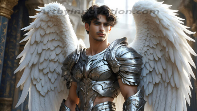 Male Angels of the Holy Divine - The Mighty & The Powerful: AI Fantasy Photos of Handsome Male Angels in Elegant Divine Armor, living in the golden city, with Vibrant Holy Wings. AI generated fantasy photos, of handsome male warrior angels, in divine armor with vibrant holy wings. Wearing ethereal or plate holy armor, and glistening golden gilded jewelry, emphasizing his god-like stature, vibrantly colored. Possessing grand feathered wings, that look like swords, these angel warriors are ready to battle on God's command. With men of all ages, races, and body types. In a city of gold, spiritual wonder city in the heavens, with ornate gold buildings, majestic gold architecture, ethereal cityscapes, and mystical waterfalls.