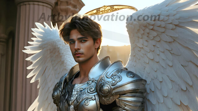 Male Angels of the Holy Divine - The Mighty & The Powerful: AI Fantasy Photos of Handsome Male Angels in Elegant Divine Armor, living in the golden city, with Vibrant Holy Wings. AI generated fantasy photos, of handsome male warrior angels, in divine armor with vibrant holy wings. Wearing ethereal or plate holy armor, and glistening golden gilded jewelry, emphasizing his god-like stature, vibrantly colored. Possessing grand feathered wings, that look like swords, these angel warriors are ready to battle on God's command. With men of all ages, races, and body types. In a city of gold, spiritual wonder city in the heavens, with ornate gold buildings, majestic gold architecture, ethereal cityscapes, and mystical waterfalls.