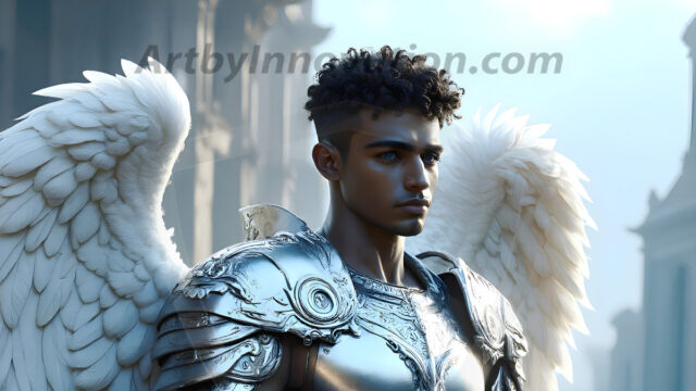 Male Angels of the Holy Divine - The Mighty & The Powerful: AI Fantasy Photos of Handsome Male Angels in Elegant Divine Armor, living in the golden city, with Vibrant Holy Wings. AI generated fantasy photos, of handsome male warrior angels, in divine armor with vibrant holy wings. Wearing ethereal or plate holy armor, and glistening golden gilded jewelry, emphasizing his god-like stature, vibrantly colored. Possessing grand feathered wings, that look like swords, these angel warriors are ready to battle on God's command. With men of all ages, races, and body types. In a city of gold, spiritual wonder city in the heavens, with ornate gold buildings, majestic gold architecture, ethereal cityscapes, and mystical waterfalls.