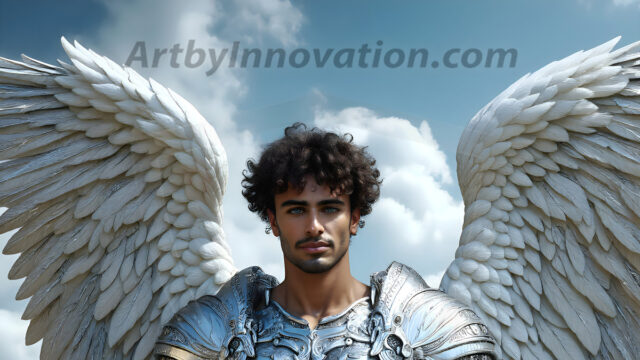 Male Angels of the Holy Divine - The Mighty & The Powerful: AI Fantasy Photos of Handsome Male Angels in Elegant Divine Armor, living in the golden city, with Vibrant Holy Wings. AI generated fantasy photos, of handsome male warrior angels, in divine armor with vibrant holy wings. Wearing ethereal or plate holy armor, and glistening golden gilded jewelry, emphasizing his god-like stature, vibrantly colored. Possessing grand feathered wings, that look like swords, these angel warriors are ready to battle on God's command. With men of all ages, races, and body types. In a city of gold, spiritual wonder city in the heavens, with ornate gold buildings, majestic gold architecture, ethereal cityscapes, and mystical waterfalls.