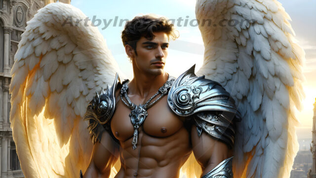 Male Angels of the Holy Divine - The Mighty & The Powerful: AI Fantasy Photos of Handsome Male Angels in Elegant Divine Armor, living in the golden city, with Vibrant Holy Wings. AI generated fantasy photos, of handsome male warrior angels, in divine armor with vibrant holy wings. Wearing ethereal or plate holy armor, and glistening golden gilded jewelry, emphasizing his god-like stature, vibrantly colored. Possessing grand feathered wings, that look like swords, these angel warriors are ready to battle on God's command. With men of all ages, races, and body types. In a city of gold, spiritual wonder city in the heavens, with ornate gold buildings, majestic gold architecture, ethereal cityscapes, and mystical waterfalls.