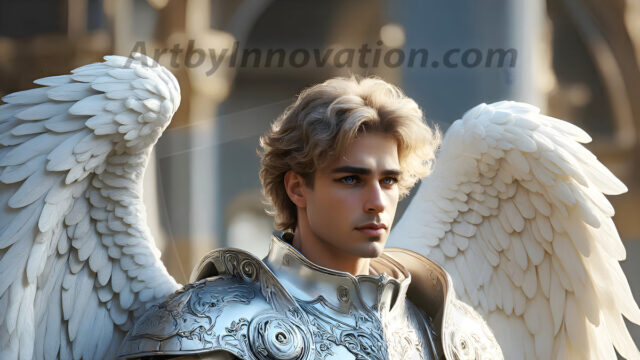 Male Angels of the Holy Divine - The Mighty & The Powerful: AI Fantasy Photos of Handsome Male Angels in Elegant Divine Armor, living in the golden city, with Vibrant Holy Wings. AI generated fantasy photos, of handsome male warrior angels, in divine armor with vibrant holy wings. Wearing ethereal or plate holy armor, and glistening golden gilded jewelry, emphasizing his god-like stature, vibrantly colored. Possessing grand feathered wings, that look like swords, these angel warriors are ready to battle on God's command. With men of all ages, races, and body types. In a city of gold, spiritual wonder city in the heavens, with ornate gold buildings, majestic gold architecture, ethereal cityscapes, and mystical waterfalls.