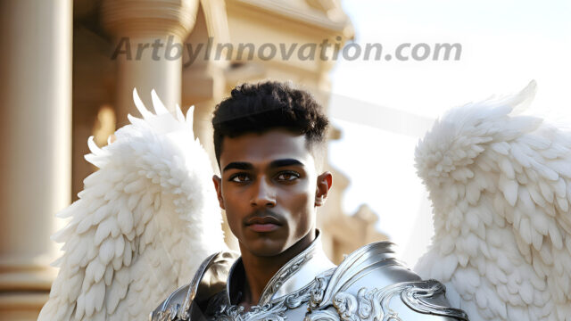 Male Angels of the Holy Divine - The Mighty & The Powerful: AI Fantasy Photos of Handsome Male Angels in Elegant Divine Armor, living in the golden city, with Vibrant Holy Wings. AI generated fantasy photos, of handsome male warrior angels, in divine armor with vibrant holy wings. Wearing ethereal or plate holy armor, and glistening golden gilded jewelry, emphasizing his god-like stature, vibrantly colored. Possessing grand feathered wings, that look like swords, these angel warriors are ready to battle on God's command. With men of all ages, races, and body types. In a city of gold, spiritual wonder city in the heavens, with ornate gold buildings, majestic gold architecture, ethereal cityscapes, and mystical waterfalls.