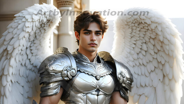 Male Angels of the Holy Divine - The Mighty & The Powerful: AI Fantasy Photos of Handsome Male Angels in Elegant Divine Armor, living in the golden city, with Vibrant Holy Wings. AI generated fantasy photos, of handsome male warrior angels, in divine armor with vibrant holy wings. Wearing ethereal or plate holy armor, and glistening golden gilded jewelry, emphasizing his god-like stature, vibrantly colored. Possessing grand feathered wings, that look like swords, these angel warriors are ready to battle on God's command. With men of all ages, races, and body types. In a city of gold, spiritual wonder city in the heavens, with ornate gold buildings, majestic gold architecture, ethereal cityscapes, and mystical waterfalls.