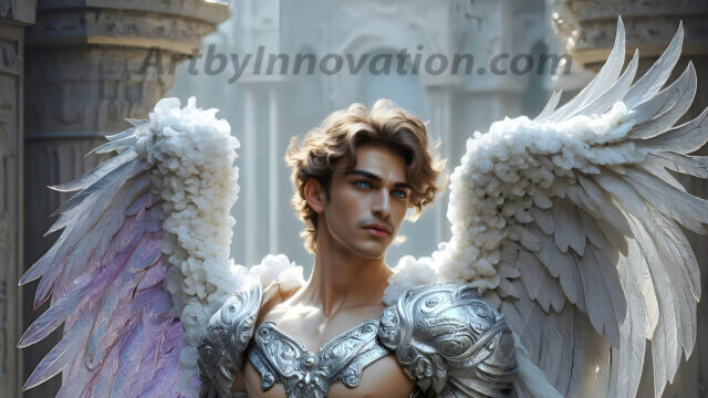 Male Angels of the Holy Divine - The Mighty & The Powerful: AI Fantasy Photos of Handsome Male Angels in Elegant Divine Armor, living in the golden city, with Vibrant Holy Wings. AI generated fantasy photos, of handsome male warrior angels, in divine armor with vibrant holy wings. Wearing ethereal or plate holy armor, and glistening golden gilded jewelry, emphasizing his god-like stature, vibrantly colored. Possessing grand feathered wings, that look like swords, these angel warriors are ready to battle on God's command. With men of all ages, races, and body types. In a city of gold, spiritual wonder city in the heavens, with ornate gold buildings, majestic gold architecture, ethereal cityscapes, and mystical waterfalls.