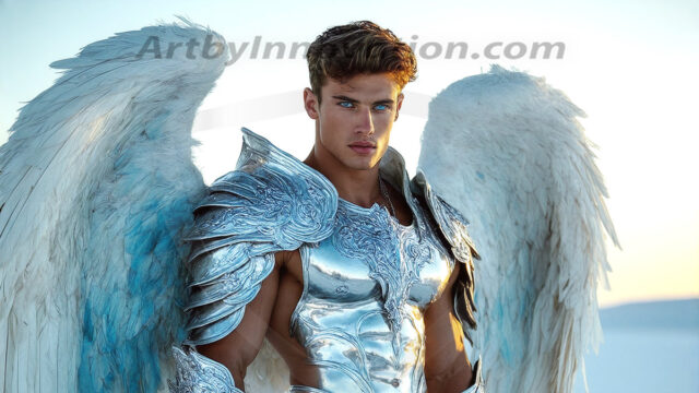 Male Angels of the Holy Divine - The Mighty & The Powerful: AI Fantasy Photos of Handsome Male Angels in Elegant Divine Armor, living in the golden city, with Vibrant Holy Wings. AI generated fantasy photos, of handsome male warrior angels, in divine armor with vibrant holy wings. Wearing ethereal or plate holy armor, and glistening golden gilded jewelry, emphasizing his god-like stature, vibrantly colored. Possessing grand feathered wings, that look like swords, these angel warriors are ready to battle on God's command. With men of all ages, races, and body types. In a city of gold, spiritual wonder city in the heavens, with ornate gold buildings, majestic gold architecture, ethereal cityscapes, and mystical waterfalls.