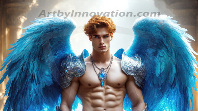 Male Angels of the Holy Divine - The Mighty & The Powerful: AI Fantasy Photos of Handsome Male Angels in Elegant Divine Armor, living in the golden city, with Vibrant Holy Wings. AI generated fantasy photos, of handsome male warrior angels, in divine armor with vibrant holy wings. Wearing ethereal or plate holy armor, and glistening golden gilded jewelry, emphasizing his god-like stature, vibrantly colored. Possessing grand feathered wings, that look like swords, these angel warriors are ready to battle on God's command. With men of all ages, races, and body types. In a city of gold, spiritual wonder city in the heavens, with ornate gold buildings, majestic gold architecture, ethereal cityscapes, and mystical waterfalls.