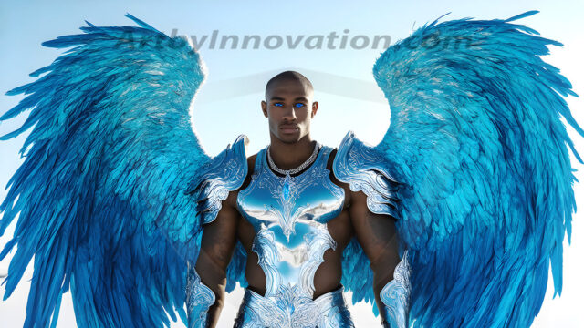 Male Angels of the Holy Divine - The Mighty & The Powerful: AI Fantasy Photos of Handsome Male Angels in Elegant Divine Armor, living in the golden city, with Vibrant Holy Wings. AI generated fantasy photos, of handsome male warrior angels, in divine armor with vibrant holy wings. Wearing ethereal or plate holy armor, and glistening golden gilded jewelry, emphasizing his god-like stature, vibrantly colored. Possessing grand feathered wings, that look like swords, these angel warriors are ready to battle on God's command. With men of all ages, races, and body types. In a city of gold, spiritual wonder city in the heavens, with ornate gold buildings, majestic gold architecture, ethereal cityscapes, and mystical waterfalls.