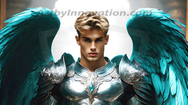 Male Angels of the Holy Divine - The Mighty & The Powerful: AI Fantasy Photos of Handsome Male Angels in Elegant Divine Armor, living in the golden city, with Vibrant Holy Wings. AI generated fantasy photos, of handsome male warrior angels, in divine armor with vibrant holy wings. Wearing ethereal or plate holy armor, and glistening golden gilded jewelry, emphasizing his god-like stature, vibrantly colored. Possessing grand feathered wings, that look like swords, these angel warriors are ready to battle on God's command. With men of all ages, races, and body types. In a city of gold, spiritual wonder city in the heavens, with ornate gold buildings, majestic gold architecture, ethereal cityscapes, and mystical waterfalls.