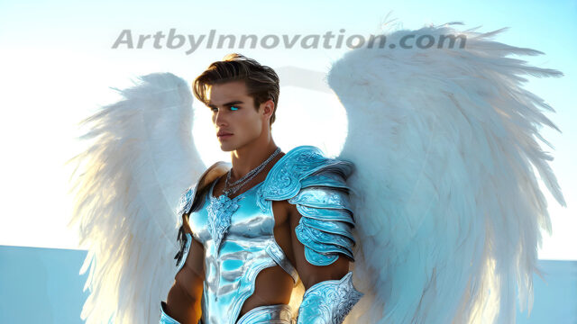 Male Angels of the Holy Divine - The Mighty & The Powerful: AI Fantasy Photos of Handsome Male Angels in Elegant Divine Armor, living in the golden city, with Vibrant Holy Wings. AI generated fantasy photos, of handsome male warrior angels, in divine armor with vibrant holy wings. Wearing ethereal or plate holy armor, and glistening golden gilded jewelry, emphasizing his god-like stature, vibrantly colored. Possessing grand feathered wings, that look like swords, these angel warriors are ready to battle on God's command. With men of all ages, races, and body types. In a city of gold, spiritual wonder city in the heavens, with ornate gold buildings, majestic gold architecture, ethereal cityscapes, and mystical waterfalls.
