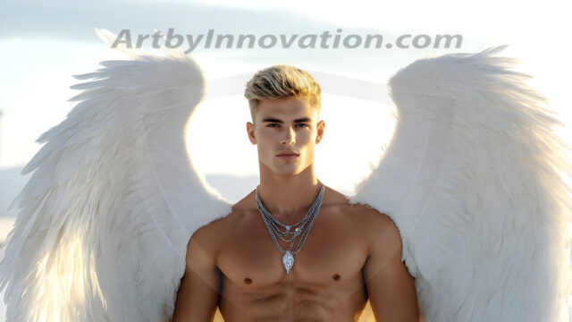 Male Angels of the Holy Divine - The Mighty & The Powerful: AI Fantasy Photos of Handsome Male Angels in Elegant Divine Armor, living in the golden city, with Vibrant Holy Wings. AI generated fantasy photos, of handsome male warrior angels, in divine armor with vibrant holy wings. Wearing ethereal or plate holy armor, and glistening golden gilded jewelry, emphasizing his god-like stature, vibrantly colored. Possessing grand feathered wings, that look like swords, these angel warriors are ready to battle on God's command. With men of all ages, races, and body types. In a city of gold, spiritual wonder city in the heavens, with ornate gold buildings, majestic gold architecture, ethereal cityscapes, and mystical waterfalls.